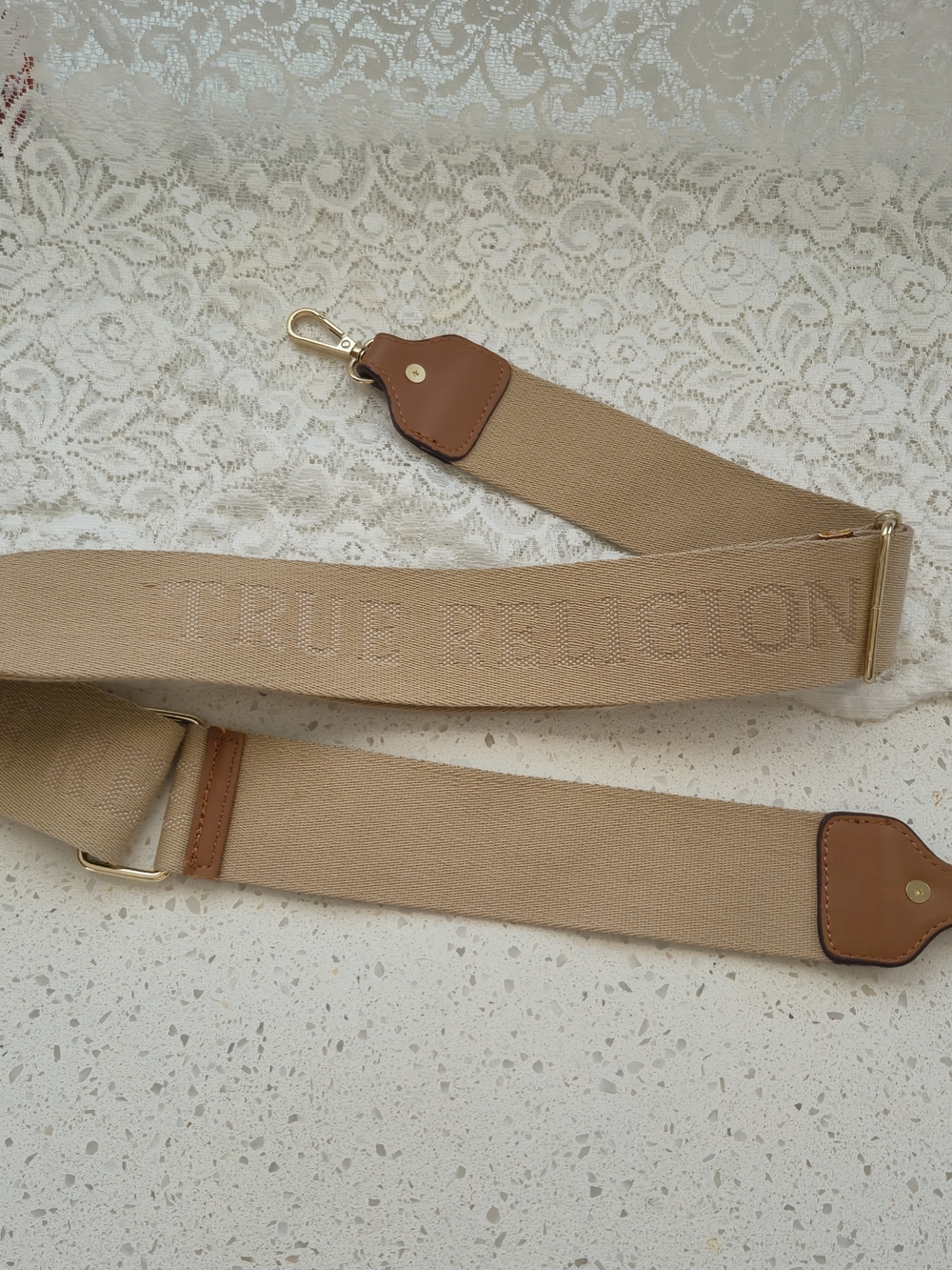 True Religion Beige Canvas Shoulder Strap with Tan Leather Accents